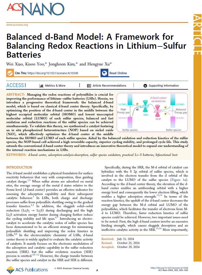 Balanced d-Band Model: A Framework for Balancing Redox Reactions in Lithium–Sulfur Batteries 이미지