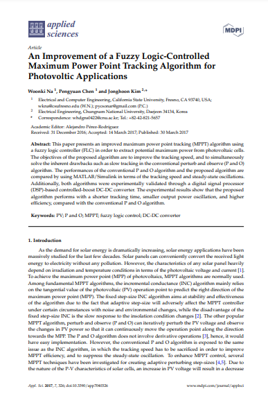 An Improvement of a Fuzzy Logic-Controlled Maximum Power Point Tracking Algorithm for Photovoltic Applications 이미지