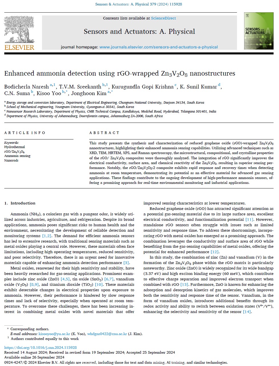 Enhanced Ammonia Detection Using rGO-Wrapped Zn3V2O8 Nanostructures 이미지