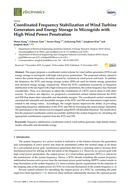 Coordinated Frequency Stabilization of Wind Turbine Generators and Energy Storage in Microgrids with High Wind Power Penetration 이미지