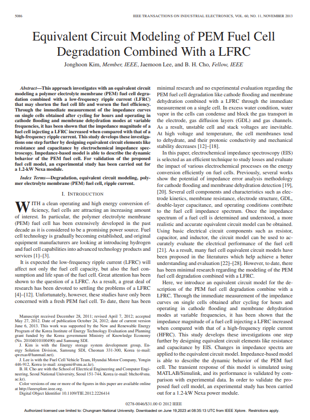 Equivalent circuit modeling of PEM fuel cell degradation combined with a LFRC 이미지