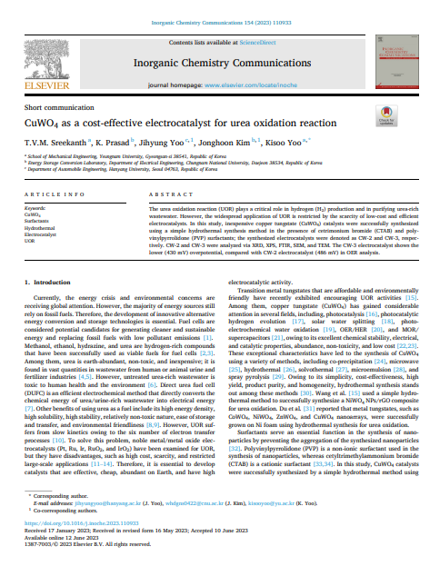 CuWO4 as a cost-effective electrocatalyst for urea oxidation reaction 이미지