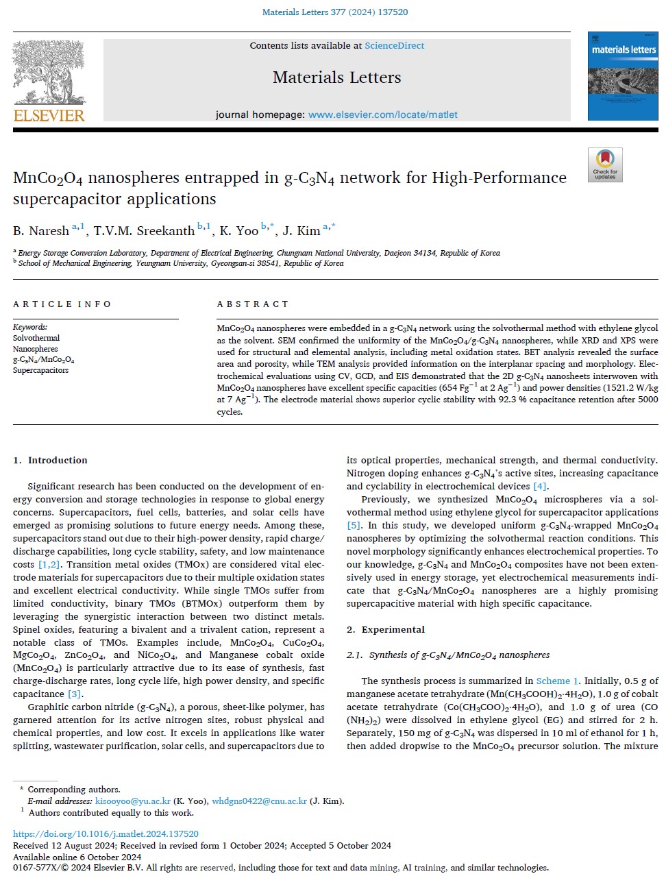 MnCo2O4 nanospheres entrapped in g-C3N4 network for High-Performance supercapacitor applications 이미지