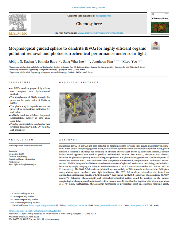 Morphological guided sphere to dendrite BiVO4 for highly efficient organic pollutant removal and photoelectrochemical performance under solar light 이미지