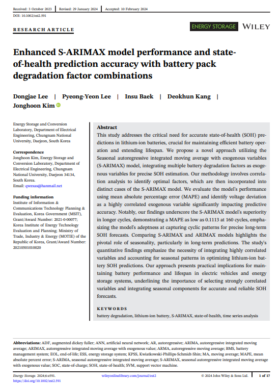 Enhanced S-ARIMAX model performance and SOH prediction accuracy with battery pack degradation factor combinations 이미지