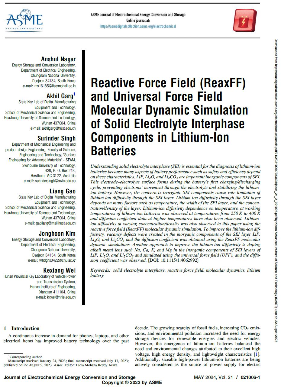 Reactive Force Field (ReaxFF) and Universal Force Field Molecular Dynamic Simulation of Solid Electrolyte Interphase Components in Lithium-Ion Batteries 이미지