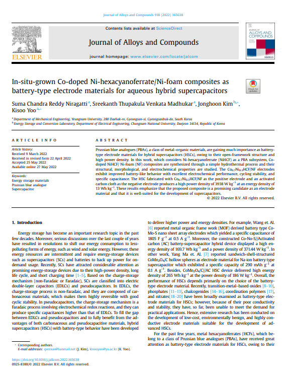 In-situ-grown Co-doped Ni-hexacyanoferrate/Ni-foam composites as battery-type electrode materials for aqueous hybrid supercapacitors 이미지