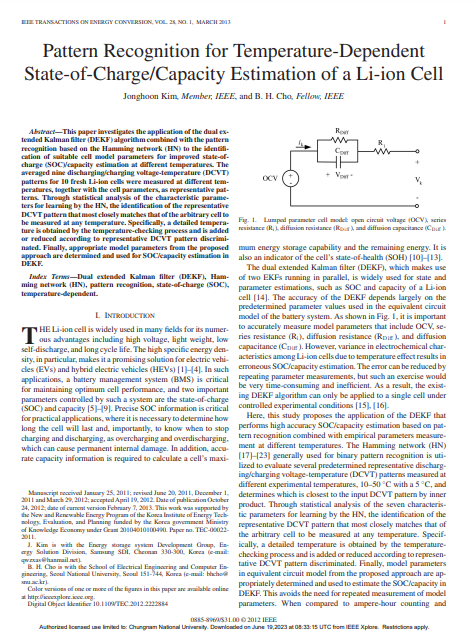 Pattern recognition for temperature-dependent state-of-charge_capacity estimation of a Li-ion cell 이미지