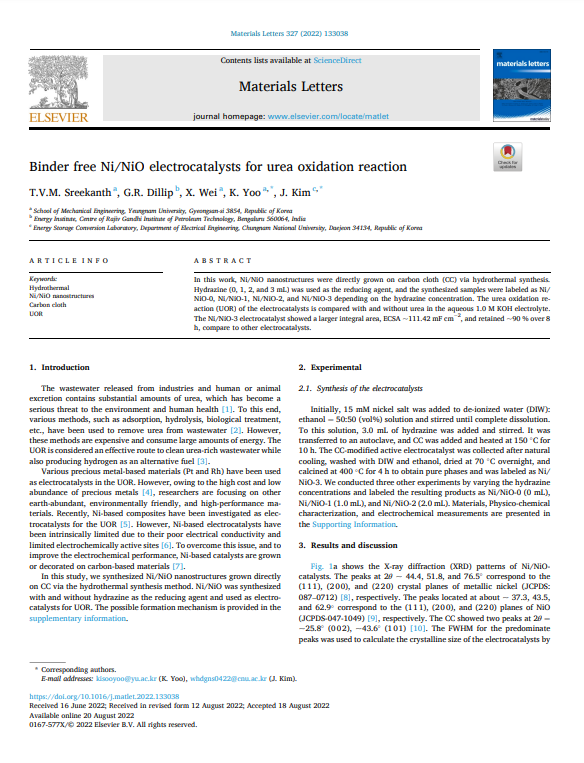 Binder free Ni/NiO electrocatalysts for urea oxidation reaction 이미지