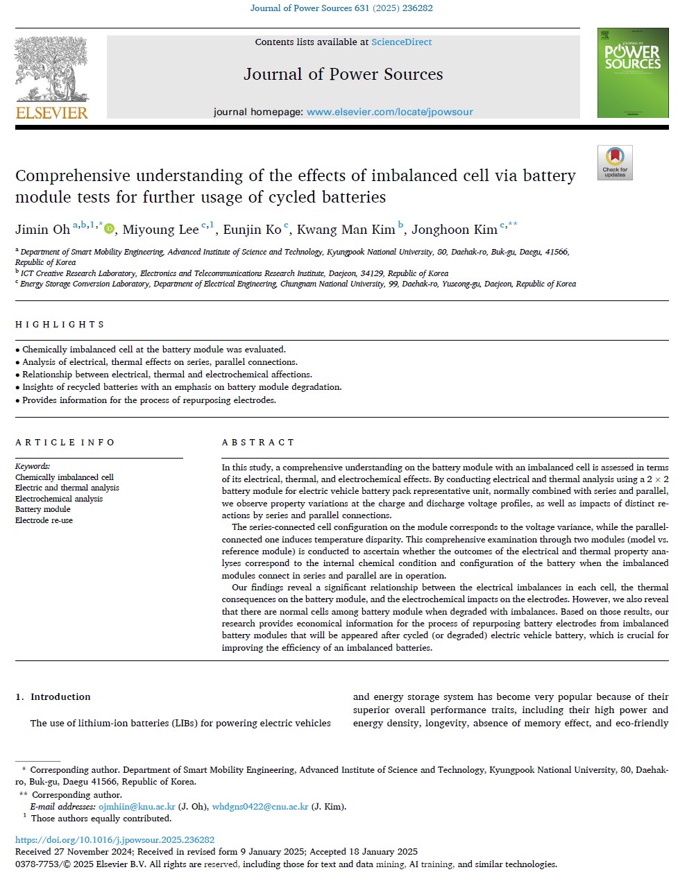 Comprehensive understanding of the effects of imbalanced cell via battery module tests for further usage of cycled batteries 이미지