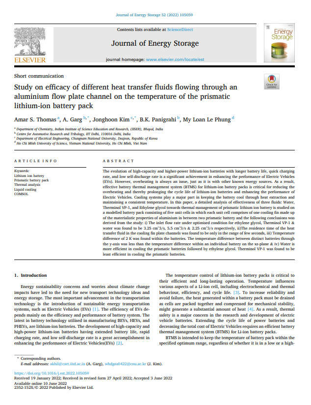 Study on efficacy of different heat transfer fluids flowing through an aluminium flow plate channel on the temperature of the prismatic lithium-ion battery pack 이미지