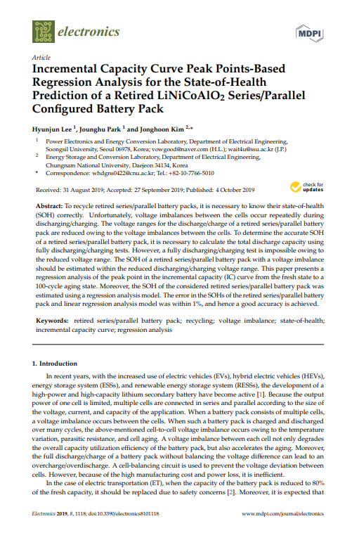 Incremental Capacity Curve Peak Points-Based Regression Analysis for the State-of-Health Prediction of a Retired LiNiCoAlO2 Series/Parallel Configured Battery Pack 이미지