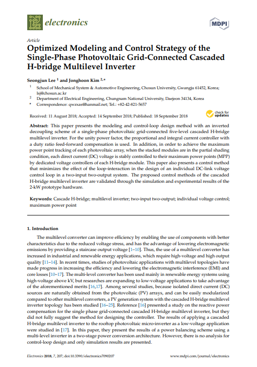 Optimized Modeling and Control Strategy of the Single-Phase Photovoltaic Grid-Connected Cascaded H-bridge Multilevel Inverter 이미지