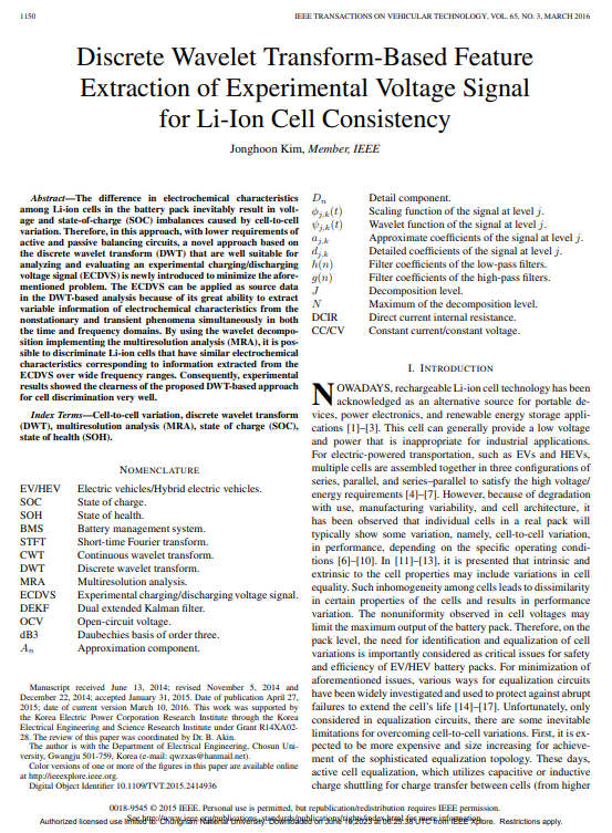 Discrete Wavelet Transform-Based Feature Extraction of Experimental Voltage Signal for Li-Ion Cell Consistency 이미지