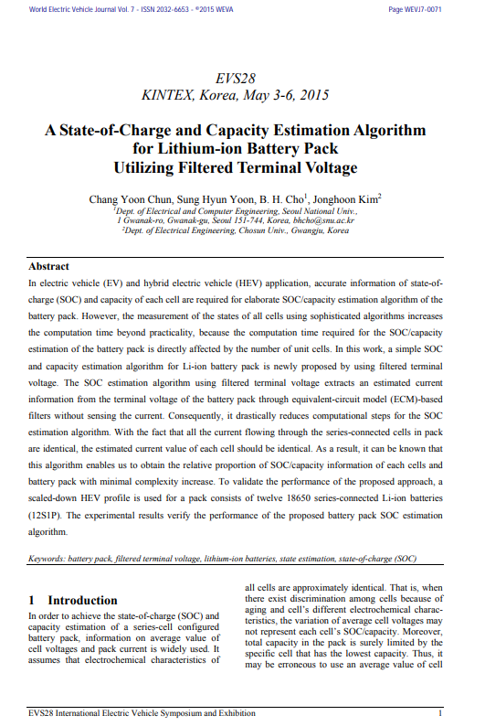 A State-of-Charge and Capacity Estimation Algorithm for Lithium-ion Battery Pack Utilizing Filtered Terminal Voltage 이미지