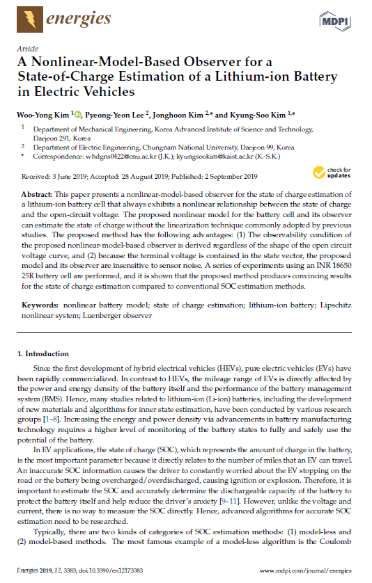 A Nonlinear-Model-Based Observer for a State-of-Charge Estimation of a Lithium-Ion Battery in Electric Vehicles 이미지