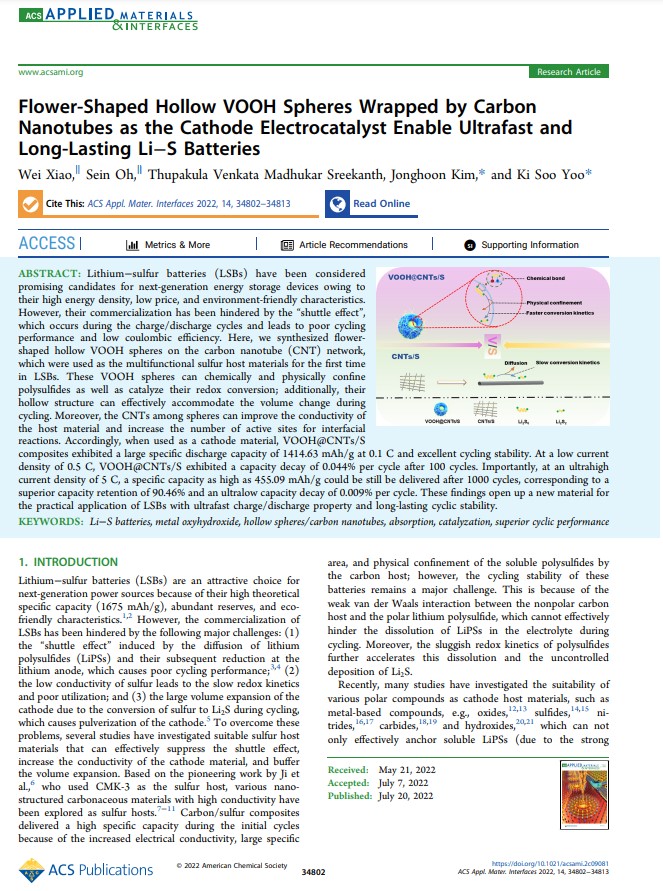 Flower-Shaped Hollow VOOH Spheres Wrapped by Carbon Nanotubes as the Cathode Electrocatalyst Enable Ultrafast and Long-Lasting Li–S Batteries 이미지