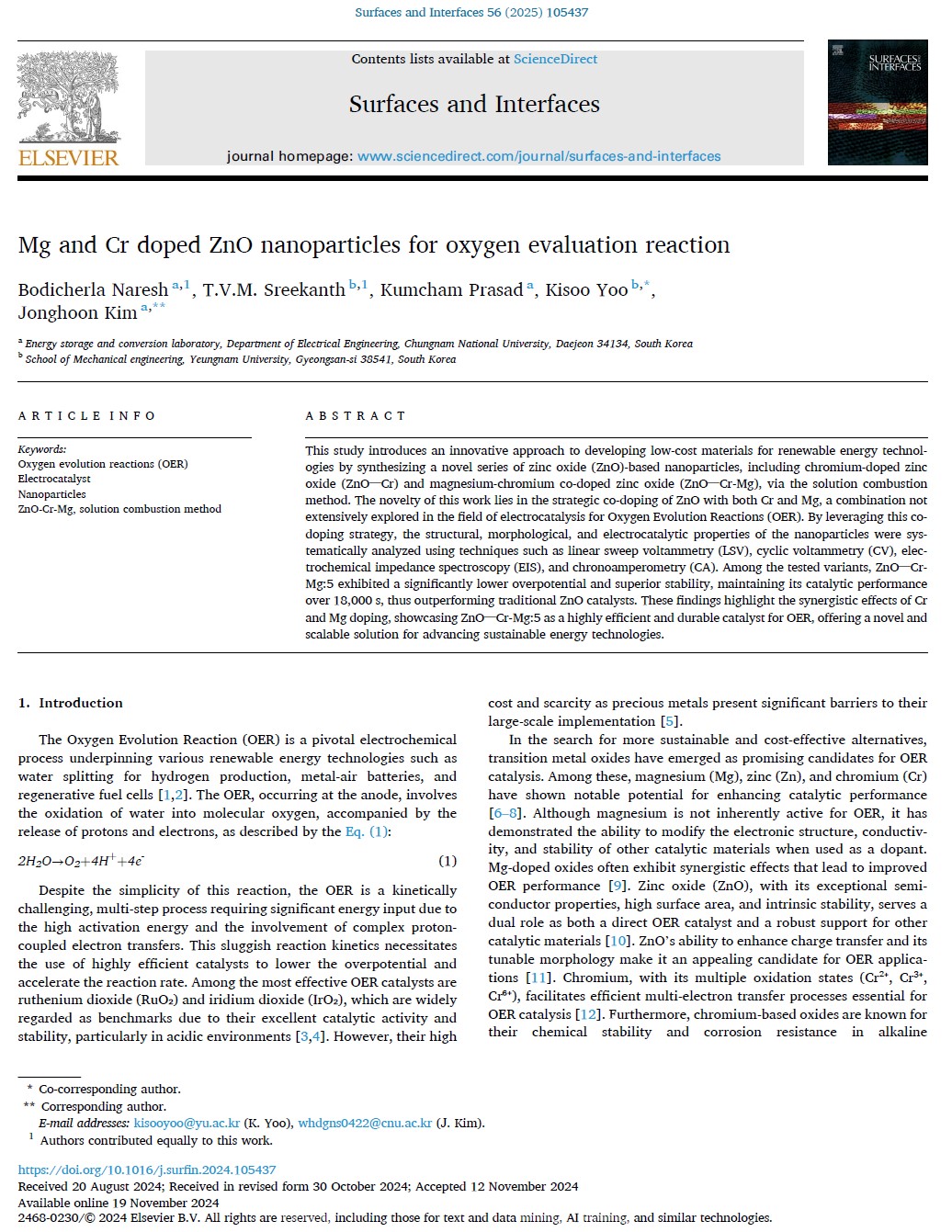 Mg and Cr Doped ZnO nanoparticle for Oxygen Evaluation Reaction 이미지