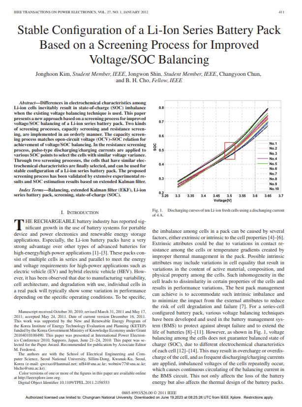 Stable Configuration of a Li-Ion Series Battery Pack Based on a Screening Process for Improved Voltage-SOC Balancing 이미지