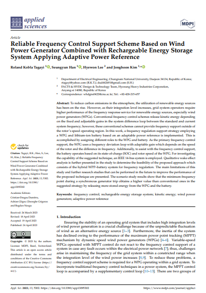 Reliable Frequency Control Support Scheme Based on Wind Power Generator Combined with Rechargeable Energy Storage System Applying Adaptive Power Reference 이미지