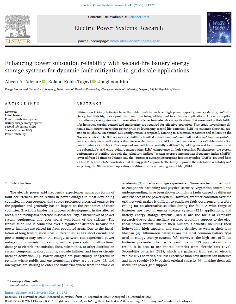 Enhancing power substation reliability with second-life battery energy storage systems for dynamic fault mitigation in grid-scale applications 이미지