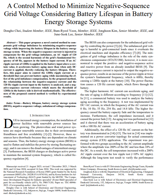 A Control Method to Minimize Negative-Sequence Grid Voltage Considering Battery Lifespan in Battery Energy Storage Systems (Accepted) 이미지