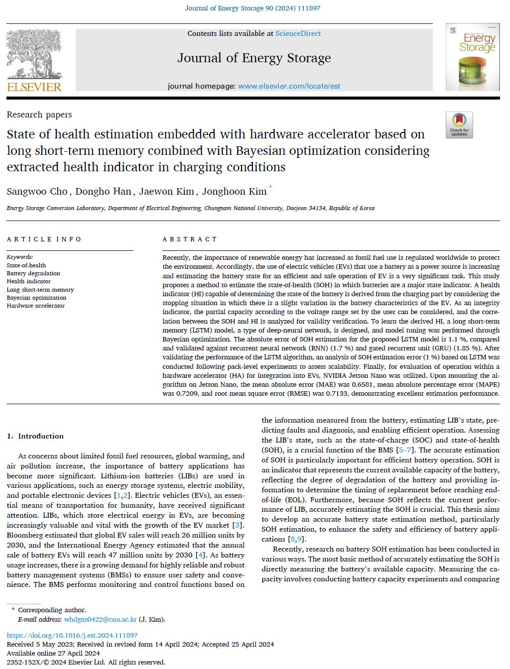 State-of-health estimation embedded with hardware accelerator based on long short-term memory combined with Bayesian optimization considering extracted health indicator in charging conditions 이미지