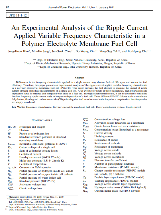 An Experimental Analysis of the Ripple Current Applied Variable Frequency Characteristic in a Polymer Electrolyte Membrane Fuel Cell 이미지