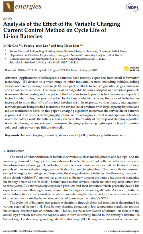 Analysis of the Effect of the Variable Charging Current Control Method on Cycle Life of Li-ion Batteries 이미지