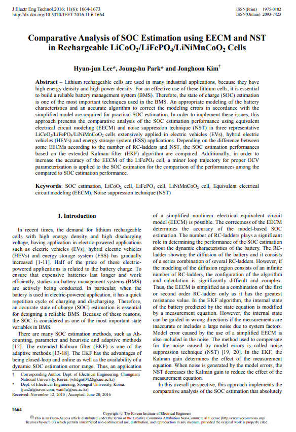 Comparative Analysis of SOC Estimation using EECM and NST in Rechargeable LiCoO₂/LiFePO₄/LiNiMnCoO₂ Cells 이미지