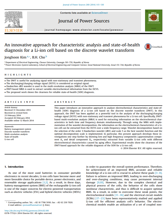 An innovative approach for characteristic analysis and state-of-health diagnosis for a Li-ion cell based on the discrete wavelet transform 이미지