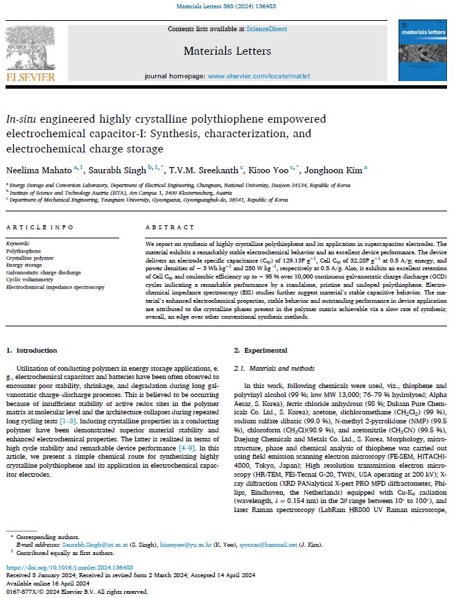 In-situ engineered highly crystalline polythiophene empowered electrochemical capacitor-I: Synthesis, characterization, and electrochemical charge storage 이미지