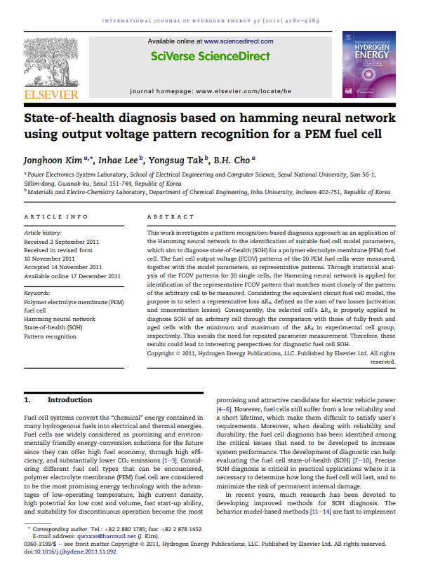 State-of-health diagnosis based on hamming neural network using output voltage pattern recognition for a PEM fuel cell 이미지